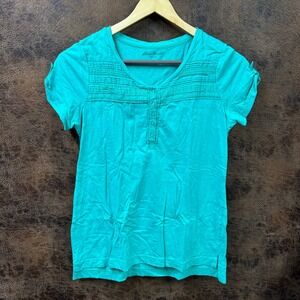 Eddie Bauer Teal Turquoise lace and pleated 1/4 5 button front Large button cuff